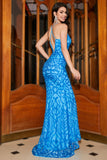 Mermaid Spaghetti Straps Blue Sequins Long Formal Dress