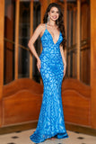 Mermaid Spaghetti Straps Blue Sequins Long Formal Dress