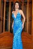 Mermaid Spaghetti Straps Blue Sequins Long Formal Dress