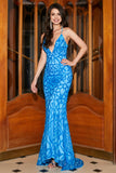 Mermaid Spaghetti Straps Blue Sequins Long Formal Dress