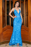 Mermaid Spaghetti Straps Blue Sequins Long Formal Dress