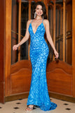 Mermaid Spaghetti Straps Blue Sequins Long Formal Dress