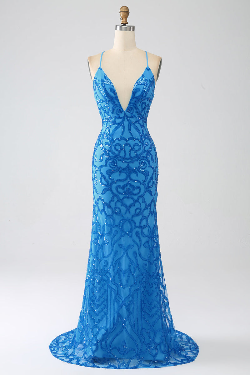 Load image into Gallery viewer, Blue Mermaid Spaghetti Straps Sequins Long Formal Dress