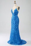 Blue Mermaid Spaghetti Straps Sequins Long Formal Dress