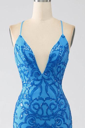 Blue Mermaid Spaghetti Straps Sequins Long Formal Dress