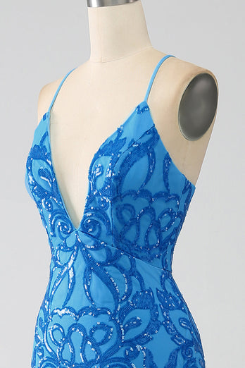 Blue Mermaid Spaghetti Straps Sequins Long Formal Dress
