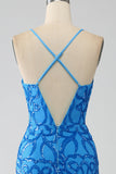 Blue Mermaid Spaghetti Straps Sequins Long Formal Dress