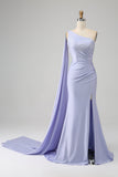 Mermaid Lilac One Shoulder Long Formal Dress with Slit