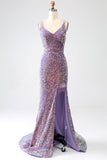 Sparkly Mermaid Light Purple Sequins Formal Dress with Slit