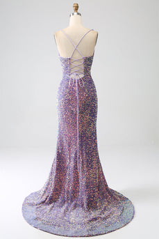 Sparkly Mermaid Light Purple Sequins Formal Dress with Slit