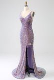 Sparkly Mermaid Light Purple Sequins Formal Dress with Slit