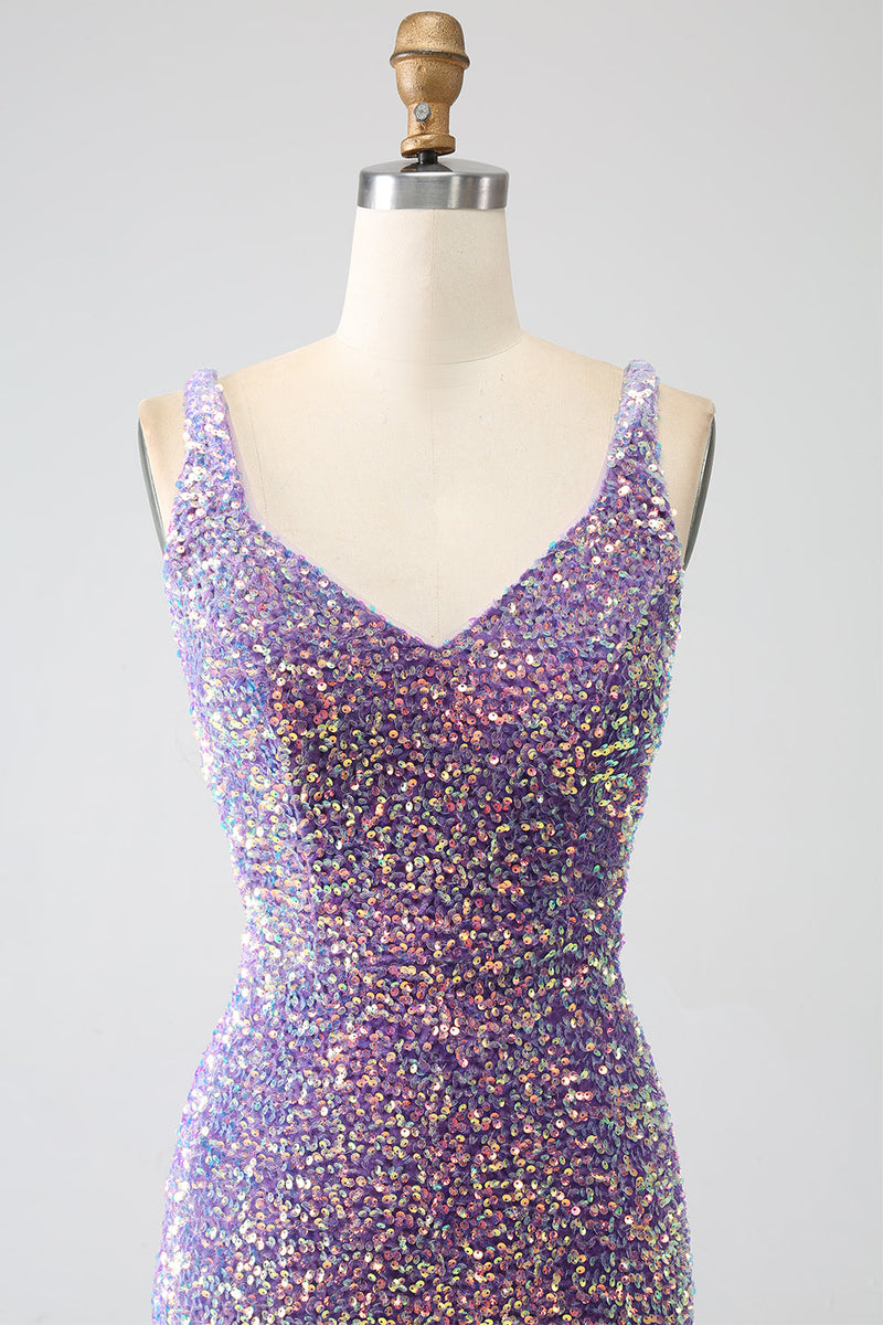 Load image into Gallery viewer, Sparkly Mermaid Light Purple Sequins Formal Dress with Slit