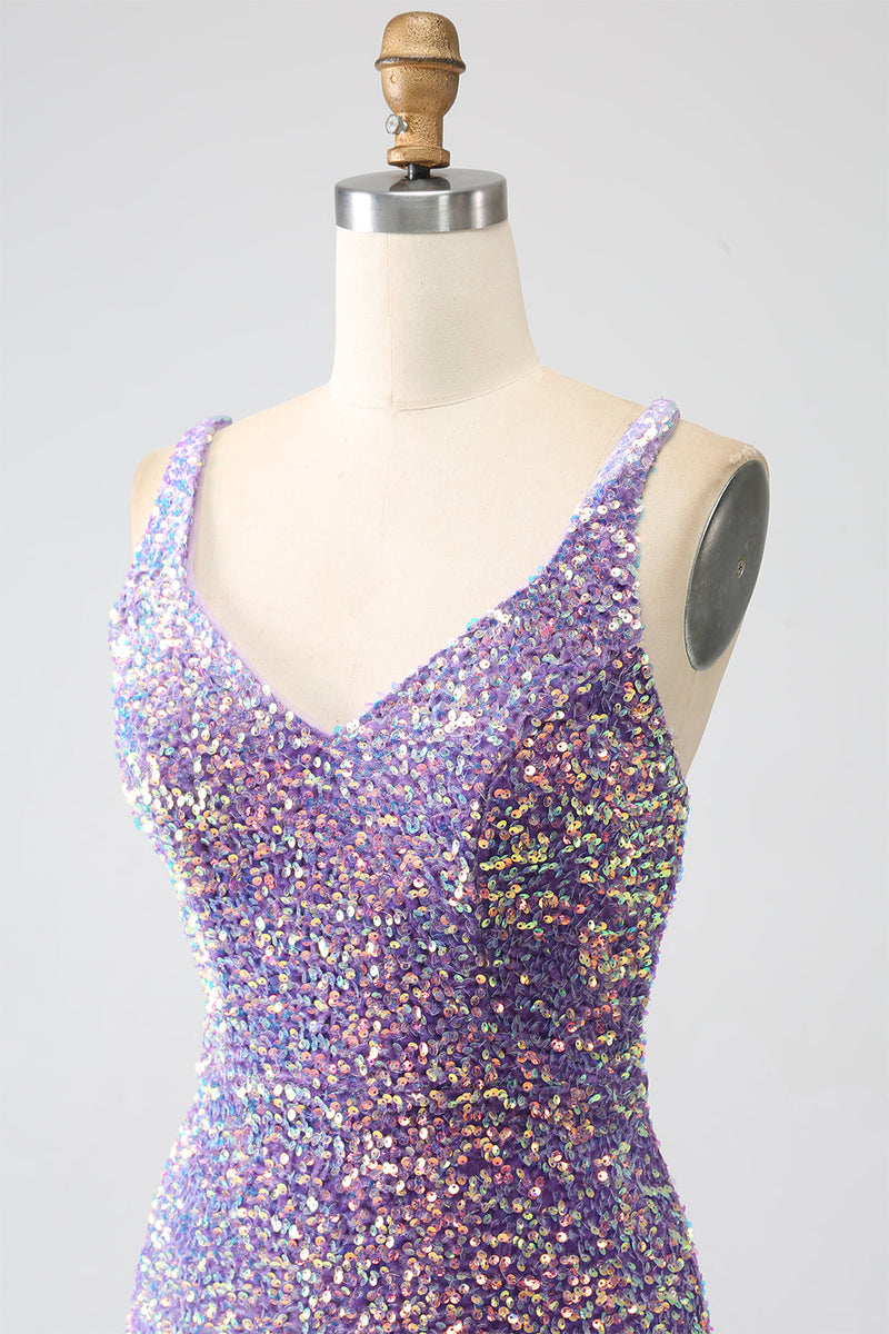 Load image into Gallery viewer, Sparkly Mermaid Light Purple Sequins Formal Dress with Slit