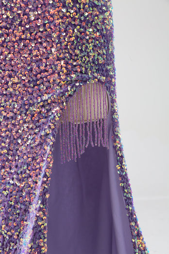 Sparkly Mermaid Light Purple Sequins Formal Dress with Slit