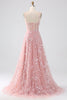 Load image into Gallery viewer, Sparkly Blush A Line Spaghetti Straps Sequin Corset Formal Dress With Slit