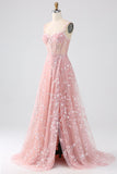 Sparkly Blush A Line Spaghetti Straps Sequin Corset Formal Dress With Slit