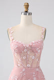 Sparkly Blush A Line Spaghetti Straps Sequin Corset Formal Dress With Slit