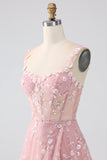 Sparkly Blush A Line Spaghetti Straps Sequin Corset Formal Dress With Slit