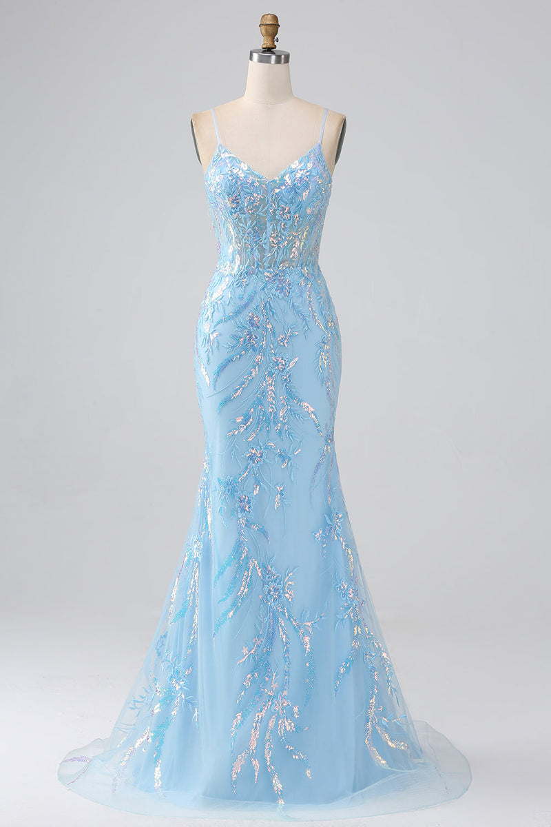 Load image into Gallery viewer, Sparkly Light Blue Mermaid Spaghetti Straps Long Formal Dress With Beading