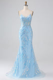 Sparkly Light Blue Mermaid Spaghetti Straps Long Formal Dress With Beading