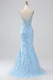 Sparkly Light Blue Mermaid Spaghetti Straps Long Formal Dress With Beading