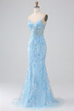 Sparkly Light Blue Mermaid Spaghetti Straps Long Formal Dress With Beading