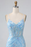 Sparkly Light Blue Mermaid Spaghetti Straps Long Formal Dress With Beading