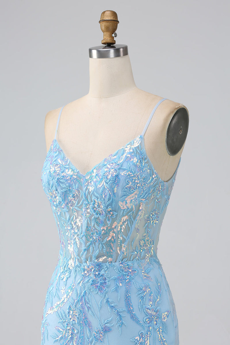 Load image into Gallery viewer, Sparkly Light Blue Mermaid Spaghetti Straps Long Formal Dress With Beading