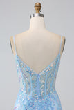 Sparkly Light Blue Mermaid Spaghetti Straps Long Formal Dress With Beading