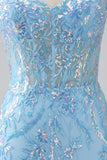 Sparkly Light Blue Mermaid Spaghetti Straps Long Formal Dress With Beading