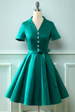 Navy V Neck 1950s Dress with Bowknot