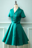Navy V Neck 1950s Dress with Bowknot