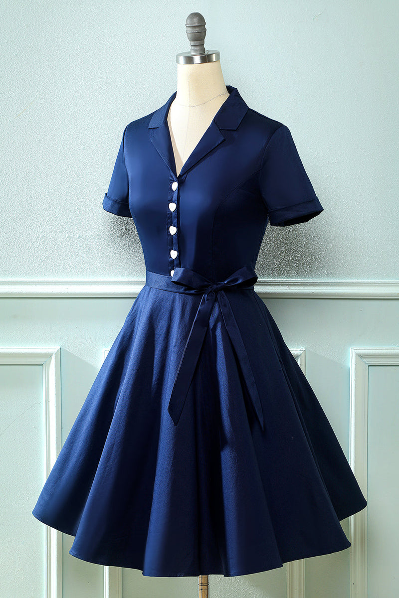 Load image into Gallery viewer, Navy V Neck 1950s Dress with Bowknot