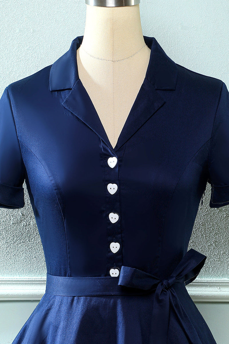 Load image into Gallery viewer, Navy V Neck 1950s Dress with Bowknot
