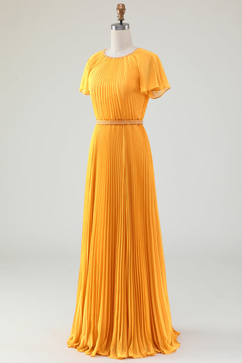 Load image into Gallery viewer, A-Line Round Neck Pleated Yellow Mother of Bride Dress With Short Sleeves
