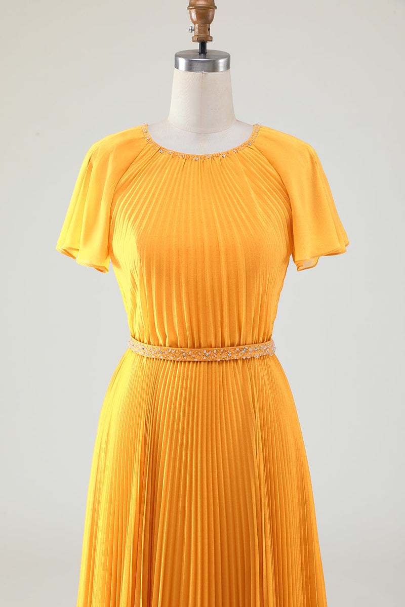 Load image into Gallery viewer, A-Line Round Neck Pleated Yellow Mother of Bride Dress With Short Sleeves