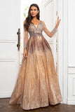 Luxurious V Neck Gold Mother of the Bride Dress with Beading