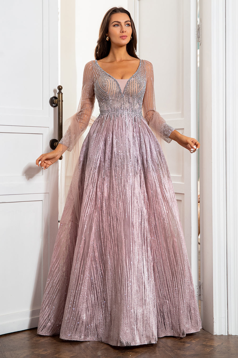 Luxurious V Neck Gold Mother of the Bride Dress with Beading