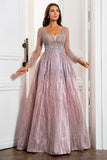 V Neck Grey Pink Mother of the Bride Dress with Beading