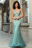 Stunning Mermaid Spaghetti Straps Light Green Corset Formal Dress with Appliques