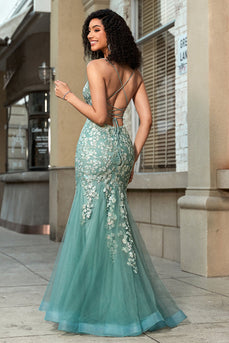 Stunning Mermaid Spaghetti Straps Light Green Corset Formal Dress with Appliques
