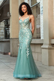 Stunning Mermaid Spaghetti Straps Light Green Corset Formal Dress with Appliques