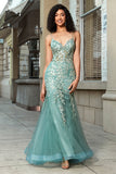 Stunning Mermaid Spaghetti Straps Light Green Corset Formal Dress with Appliques