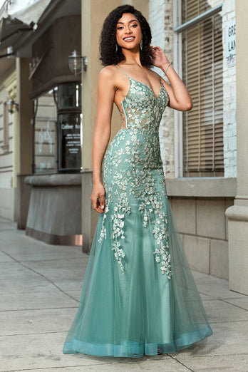 Stunning Mermaid Spaghetti Straps Light Green Corset Formal Dress with Appliques