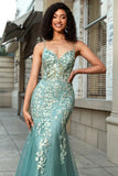 Stunning Mermaid Spaghetti Straps Light Green Corset Formal Dress with Appliques