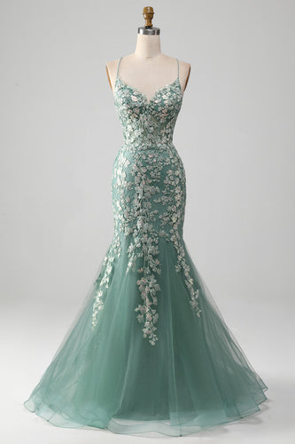 Mermaid Lace-Up Back Light Green Formal Dress with Appliques