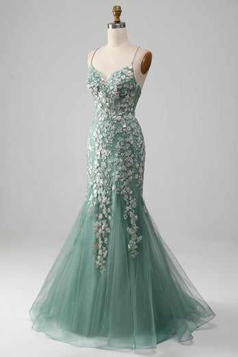 Mermaid Lace-Up Back Light Green Formal Dress with Appliques