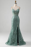 Spaghetti Staps Sparkly Grey Green Formal Dress with Beading