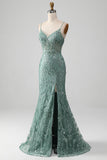 Spaghetti Staps Sparkly Grey Green Formal Dress with Beading