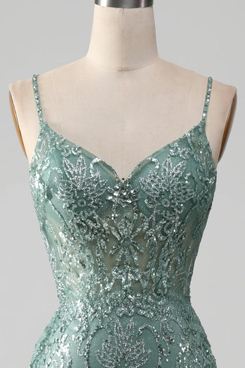 Spaghetti Staps Sparkly Grey Green Formal Dress with Beading